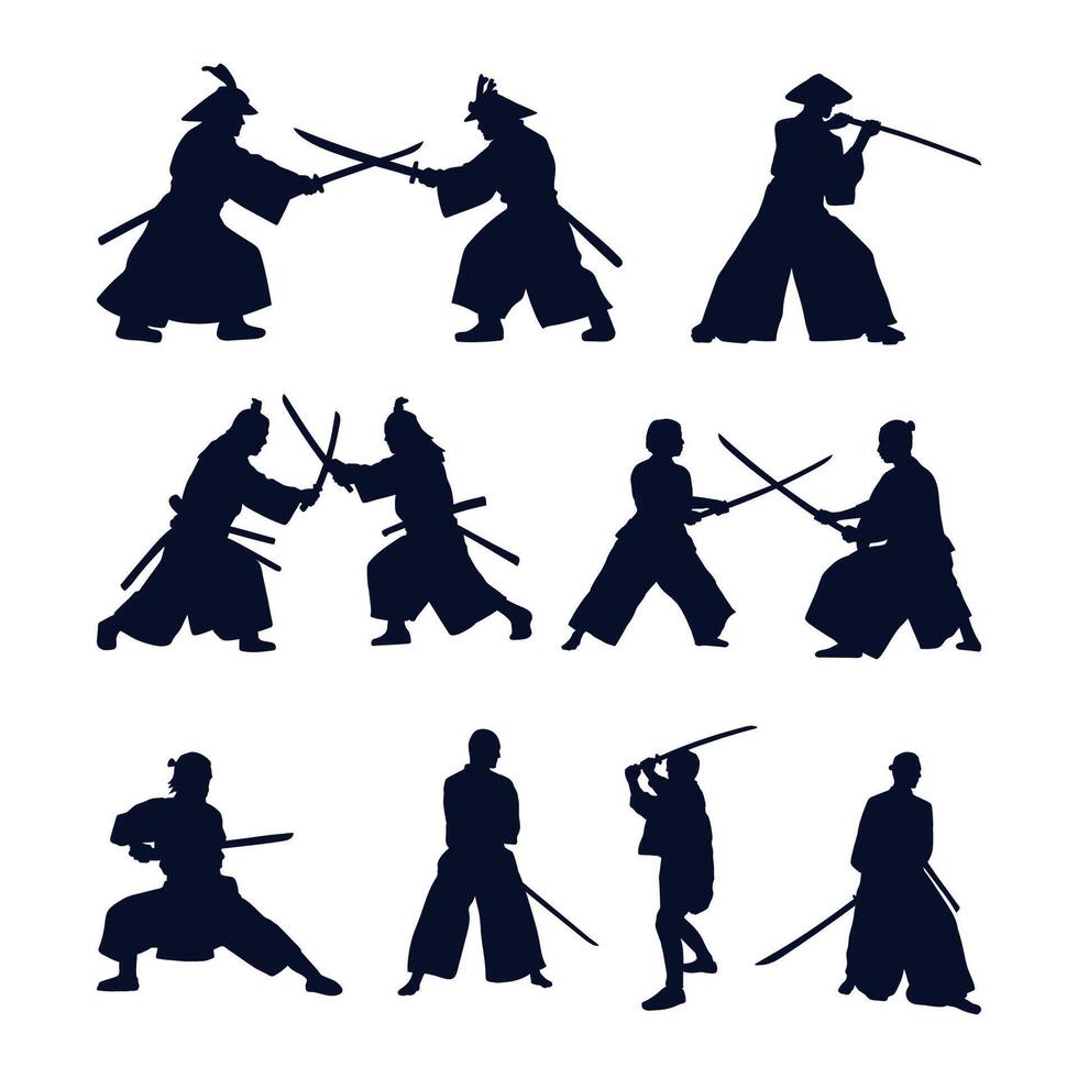 illustration silhouette of samurai on white background collection vector