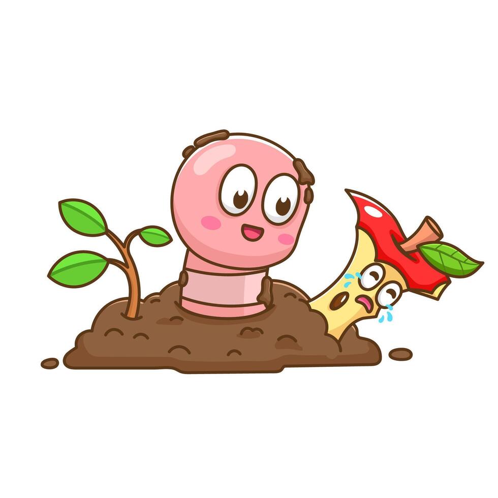 illustration of cute cartoon worm with apple vector