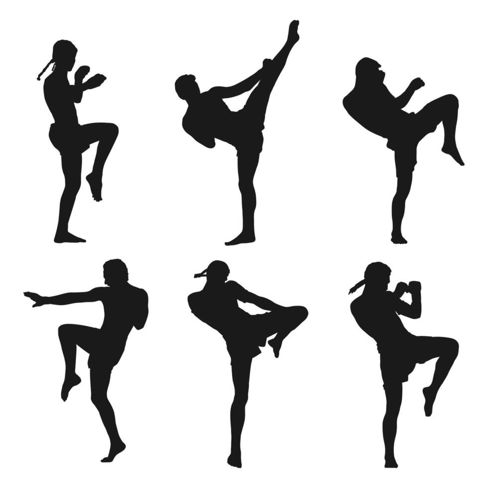 illustration silhouette of muay thai collection on black color vector