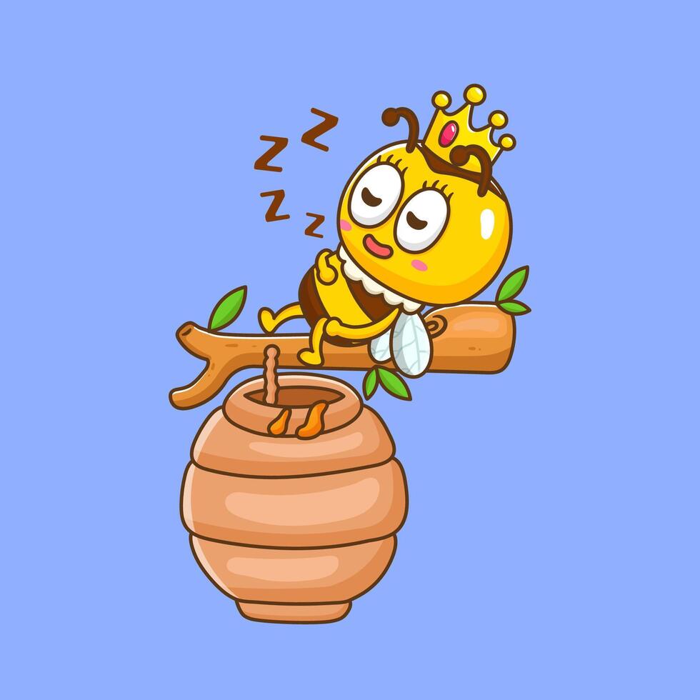 illustration of cute cartoon queen bee sleep on tree vector