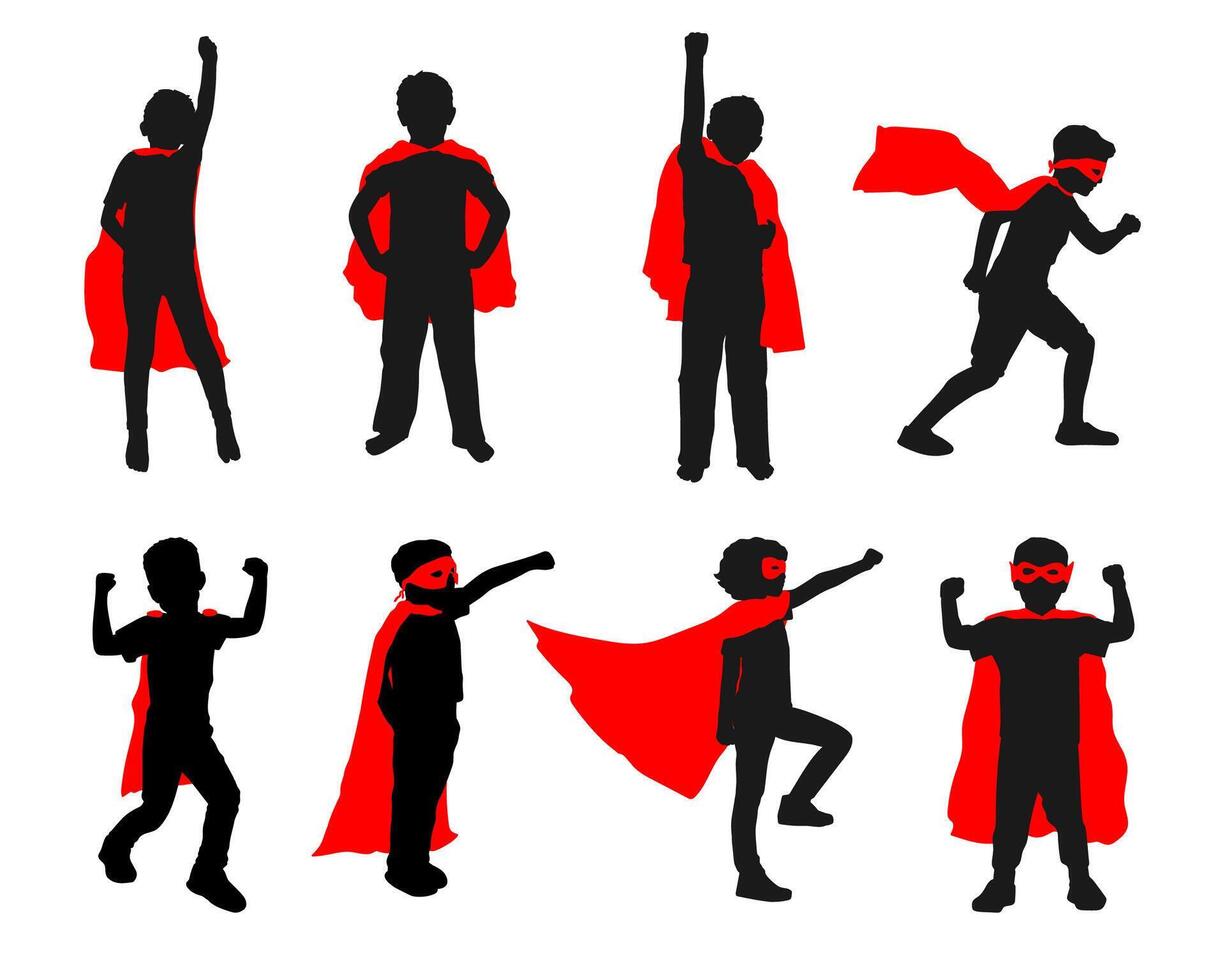 illustration silhouette of kid superhero collection set vector