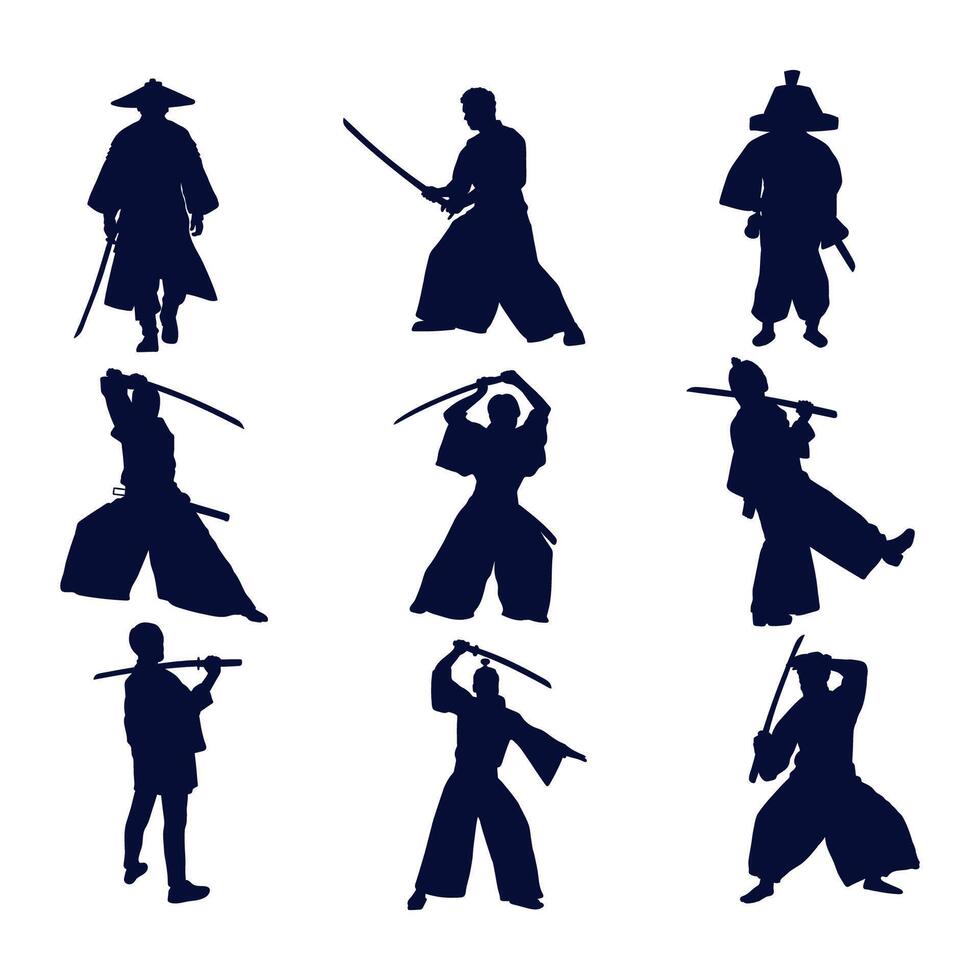 illustration silhouette of samurai collection set vector