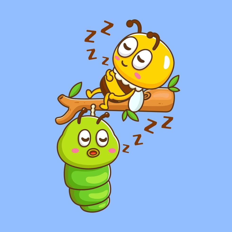 illustration of cute cartoon caterpillar sleeping on tree with bee vector