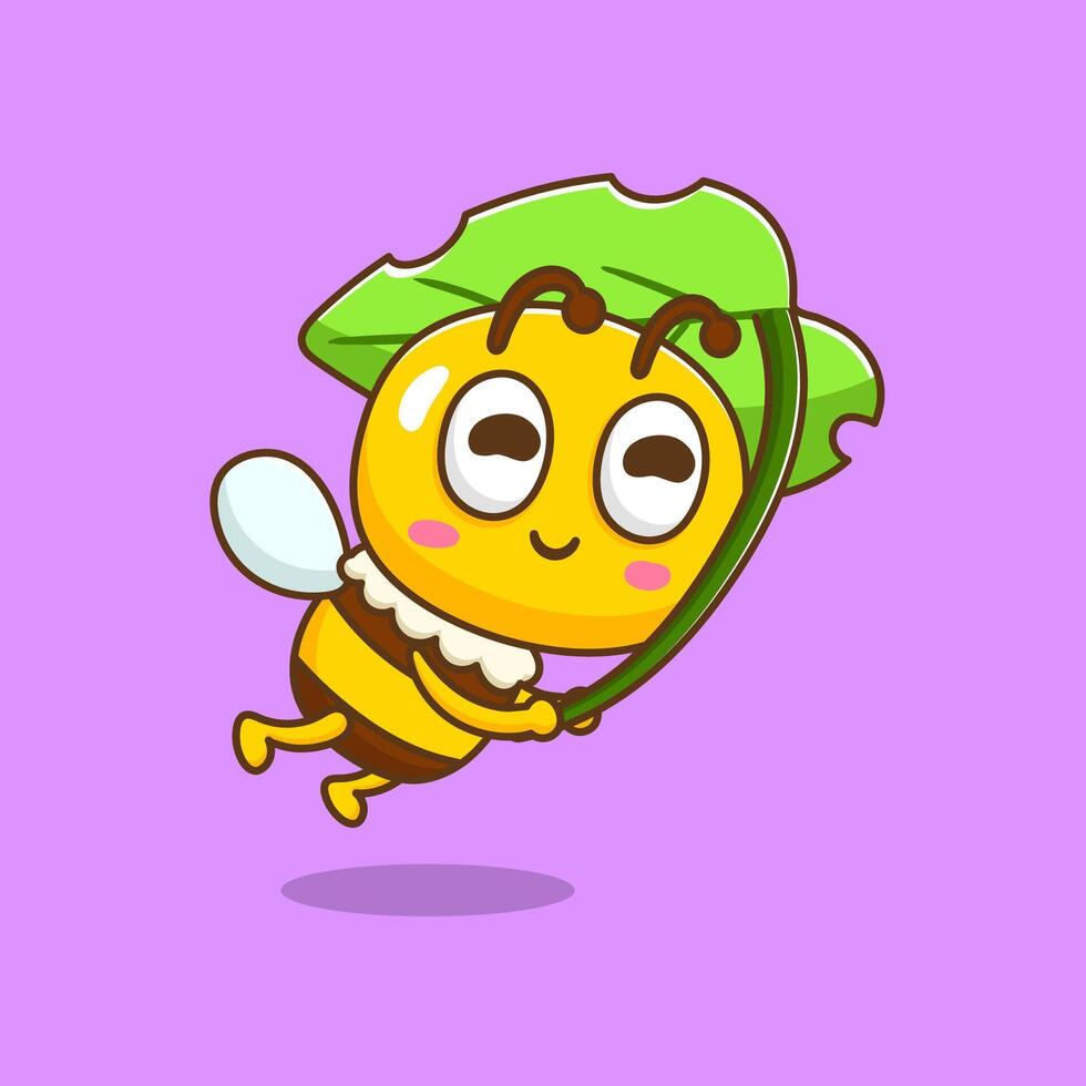 cartoon bee flying with umbrella vector
