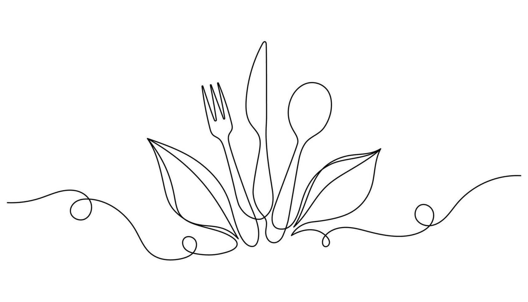 Fork, knife, and spoon with leaf in continuous one line drawing. Minimalist illustration of healthy eating, vegan or organic food concept. Isolated on white background. vector