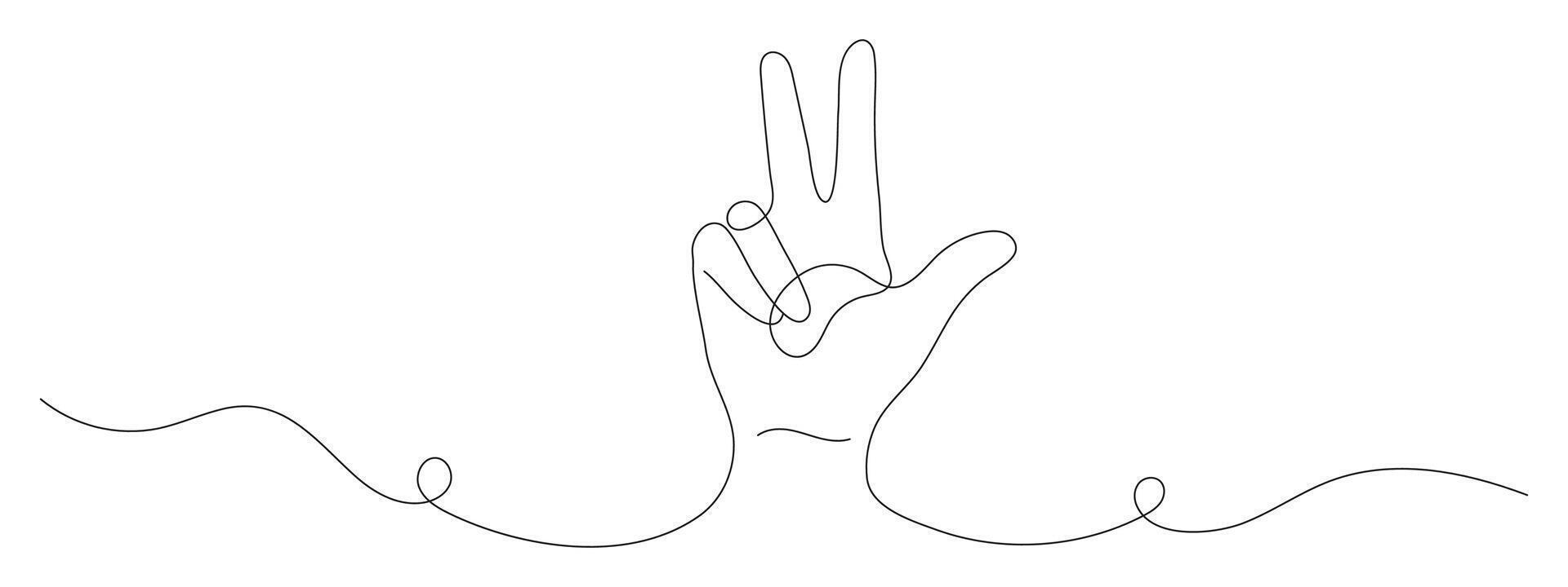 Hand showing number eight or three gesture. One line drawing in minimalist style. Finger count symbol. Editable stroke. Simple contour hand sketch illustration. vector