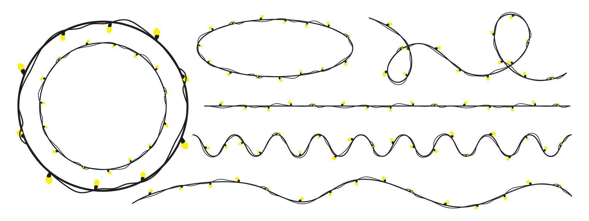 Christmas themed curly garlands with bright yellow star lights. Hand-drawn doodle style perfect for New Year, winter holidays, and birthday flat cartoon designs. Festive and cheerful decoration. vector