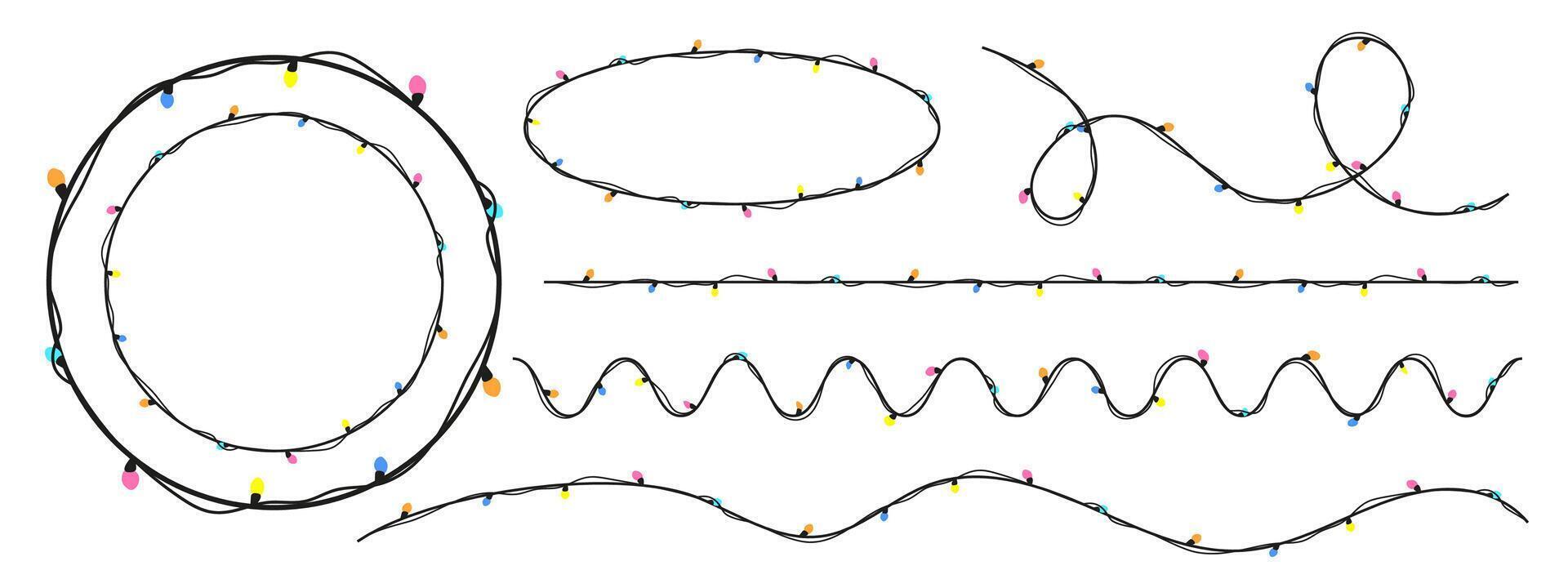 Christmas colorful string lights garlands set. Hand-drawn doodle illustration in flat cartoon style. Perfect for winter, New Year, holiday and birthday event designs. Festive and cheerful. vector