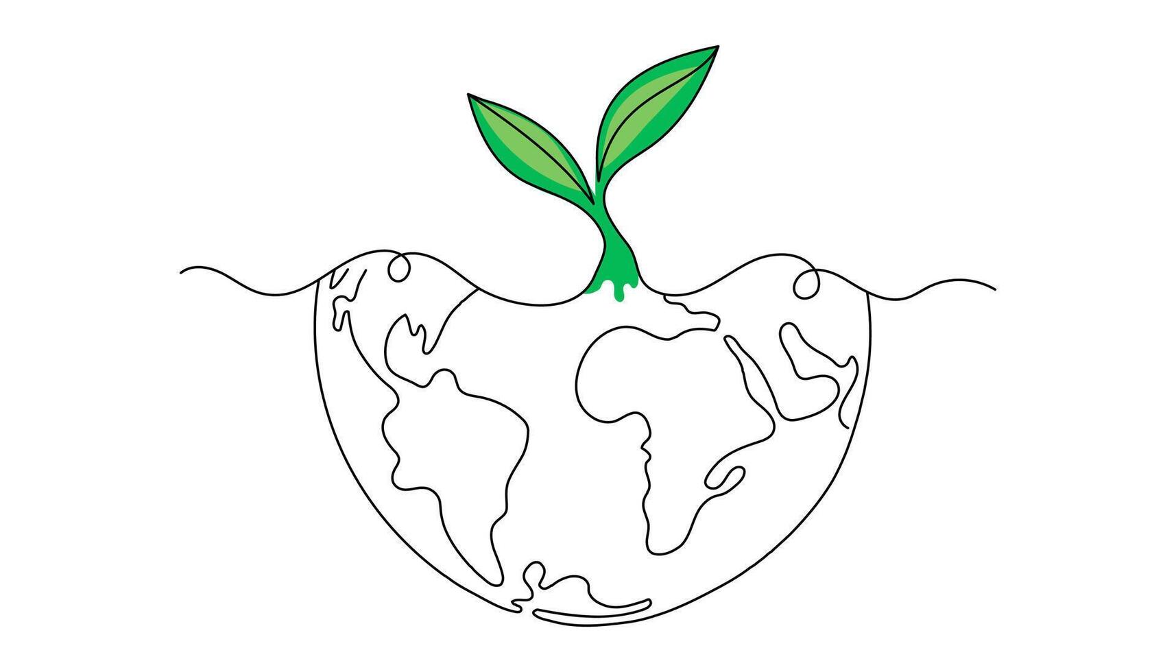 One continuous line drawing of World Environment Day. Earth globe with sprouting plant inside, simple linear style. Editable stroke for web banners, eco concept, doodle illustration. vector
