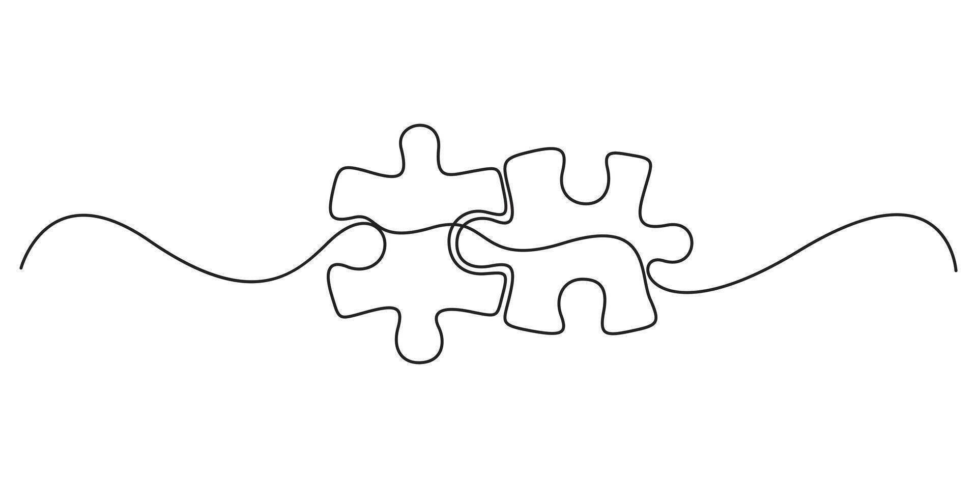 Two connected puzzles continuous one line art. Jigsaw pieces single one line drawing graphic illustration vector