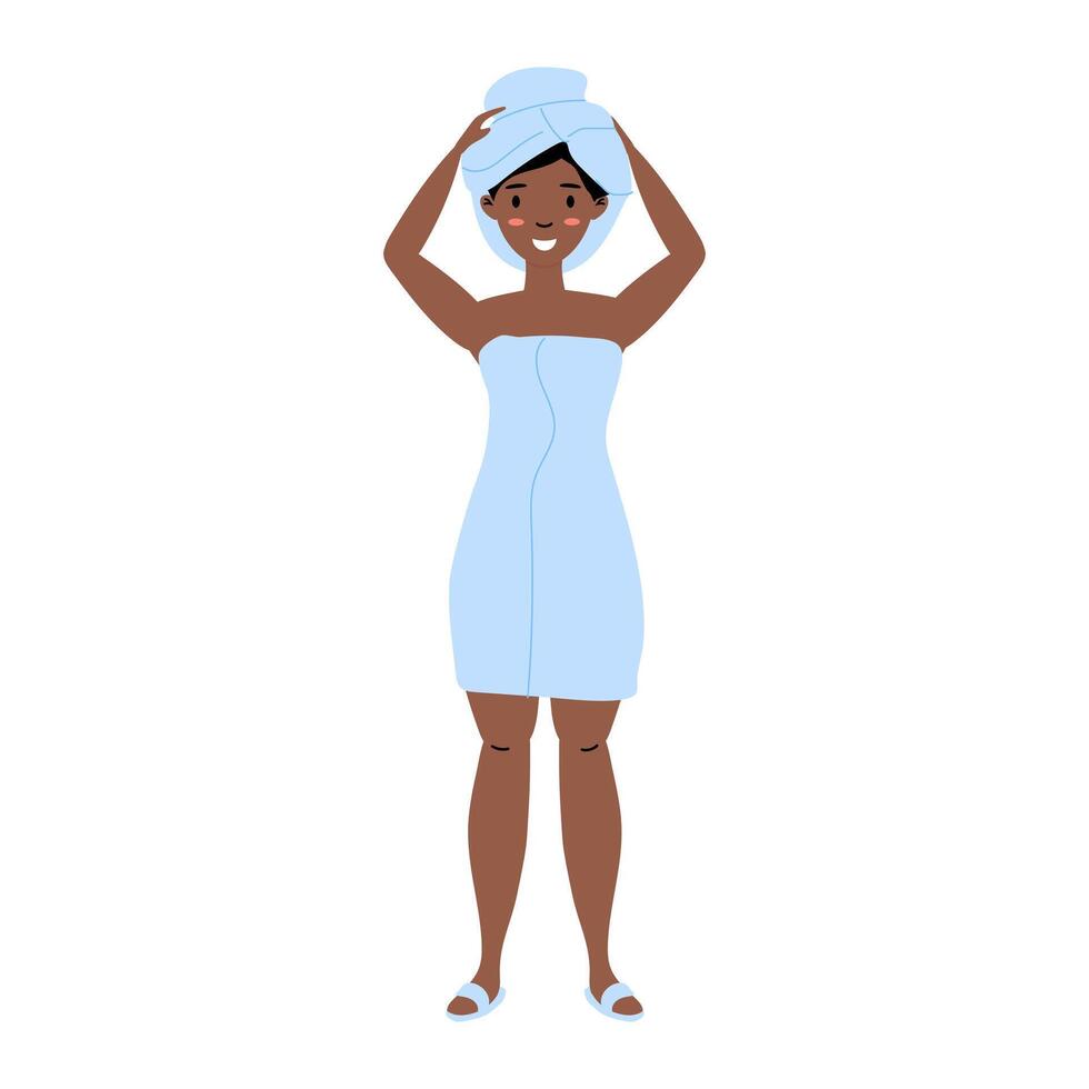 Woman in light blue towel smiling with towel wrapped on her head after shower vector