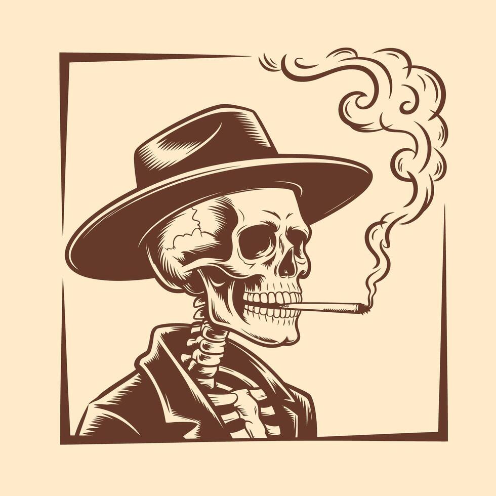 Retro Skeleton Cowboy Smoking Cigarette Illustration vector