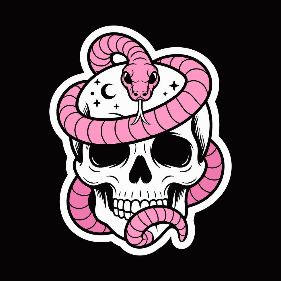 Pink Snake Wrapped Around Human Skull Illustration vector