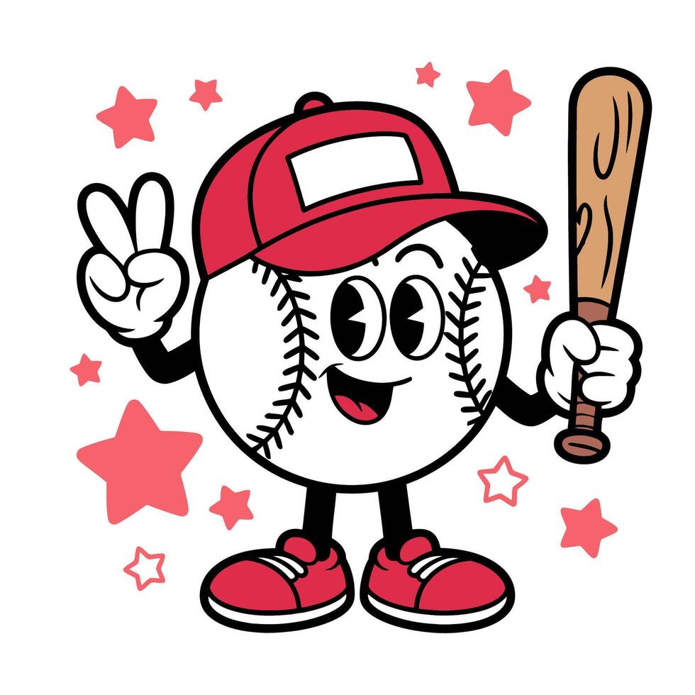 Cute baseball character with bat and cap cartoon illustration vector