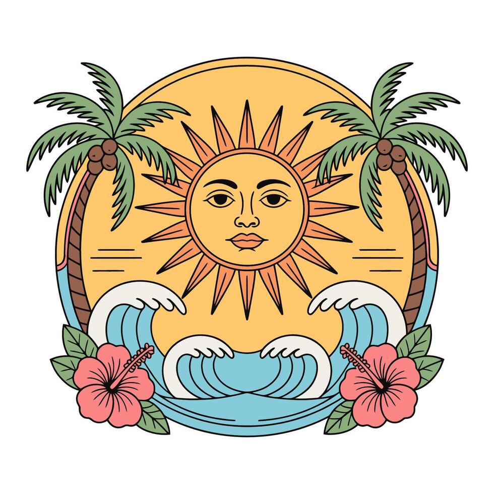 Retro Tropical Sun and Ocean Illustration vector