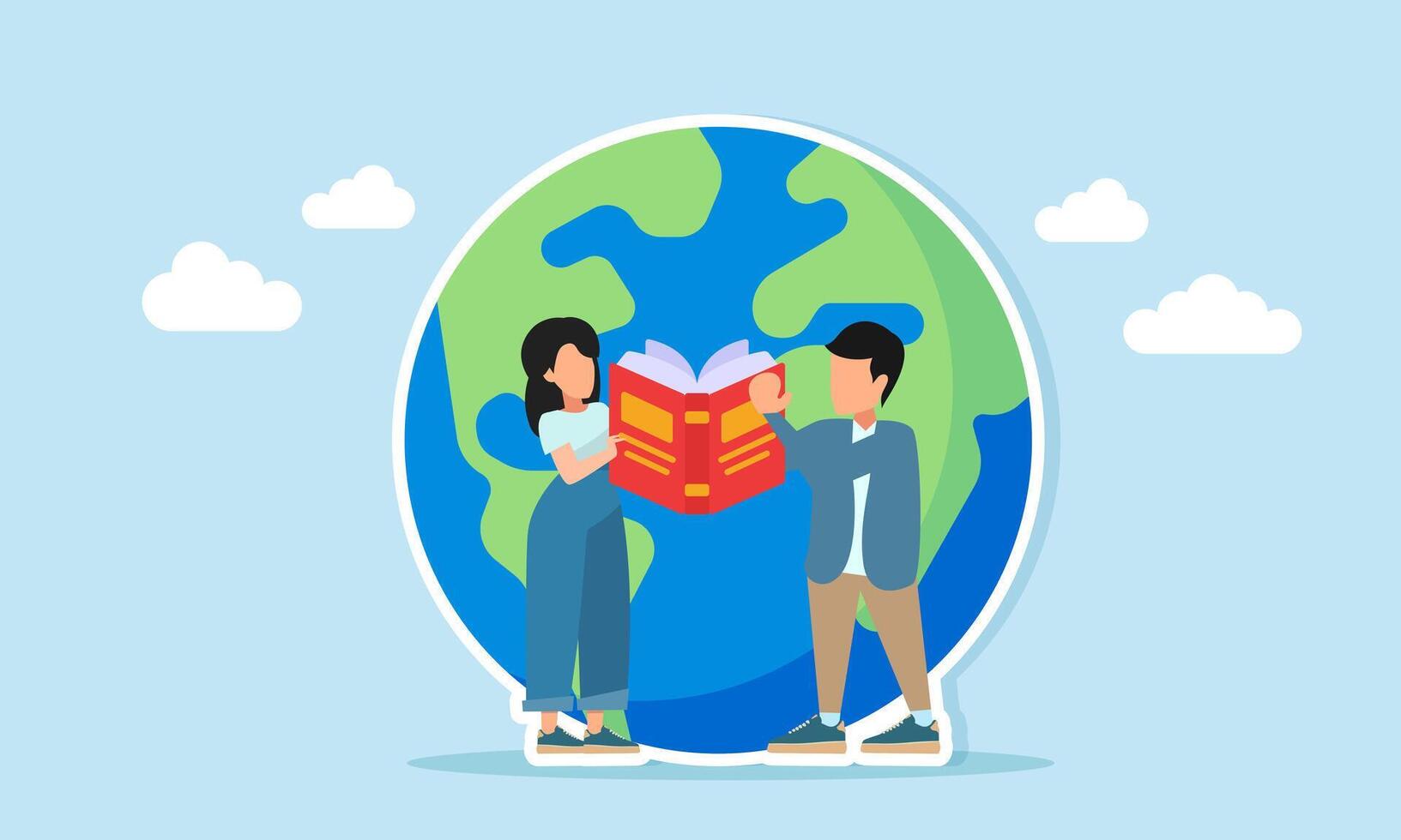 Young man and woman reading books near a globe illustration of expanding knowledge and literacy vector