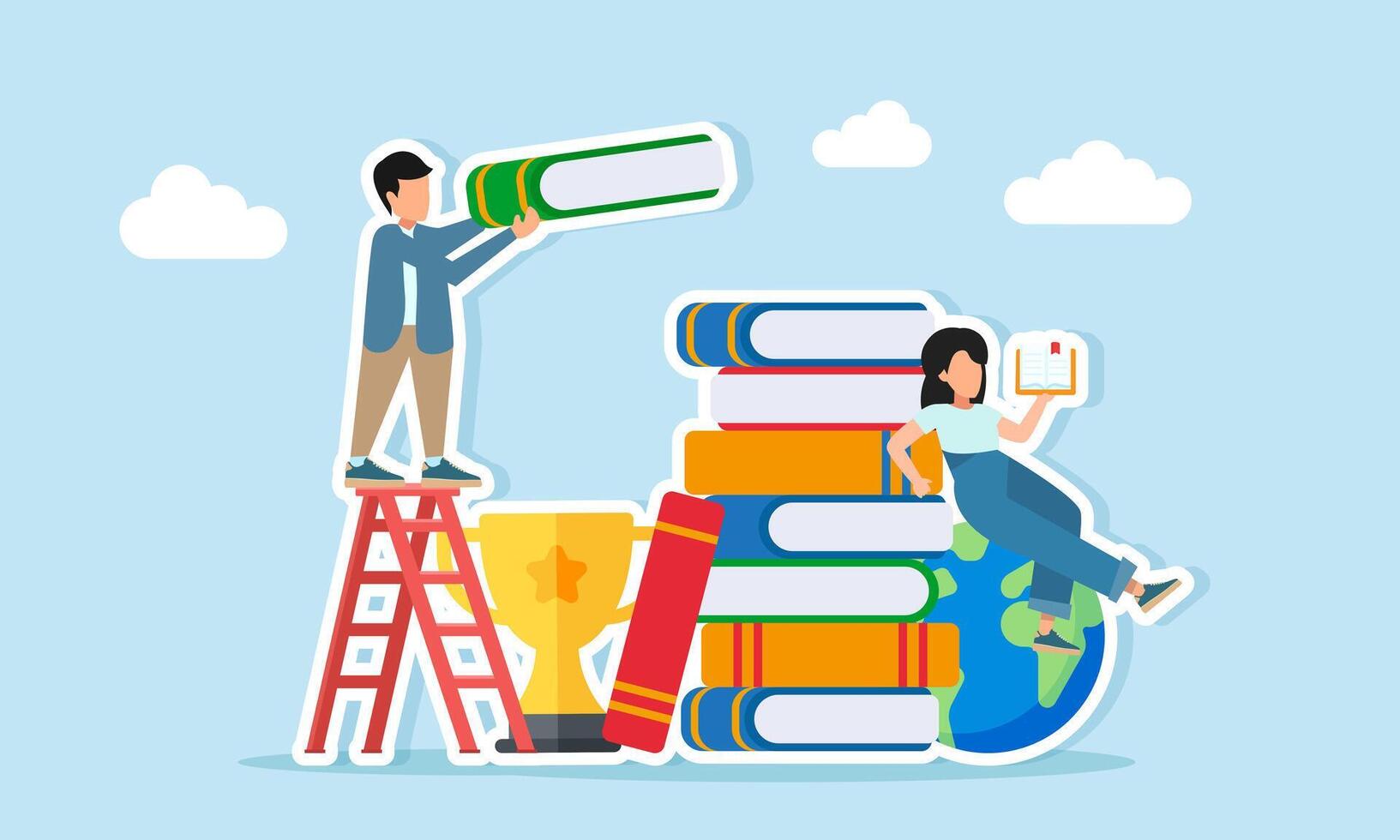 a man try to stack books with the help of a ladder while a woman reads a book sit on a globe near a pile of books and a trophy illustration of the importance of insight and literacy vector