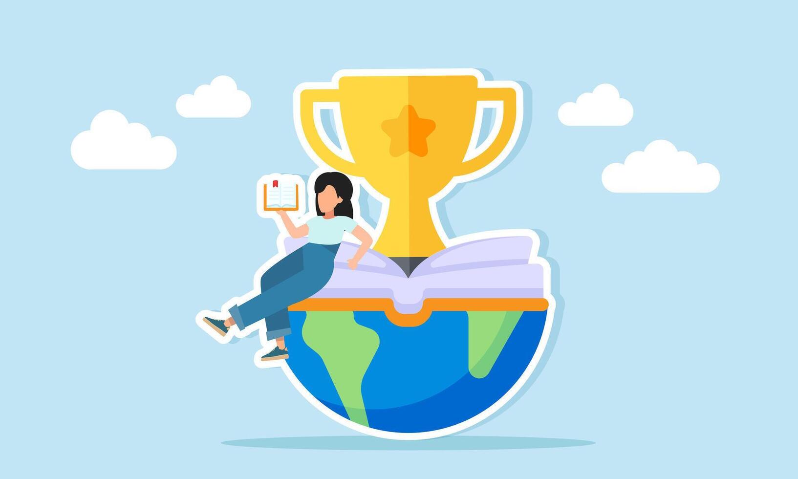 Young woman reading a book sitting on half globe with an open book and a trophy on top illustration of becoming a science olympiad champion vector