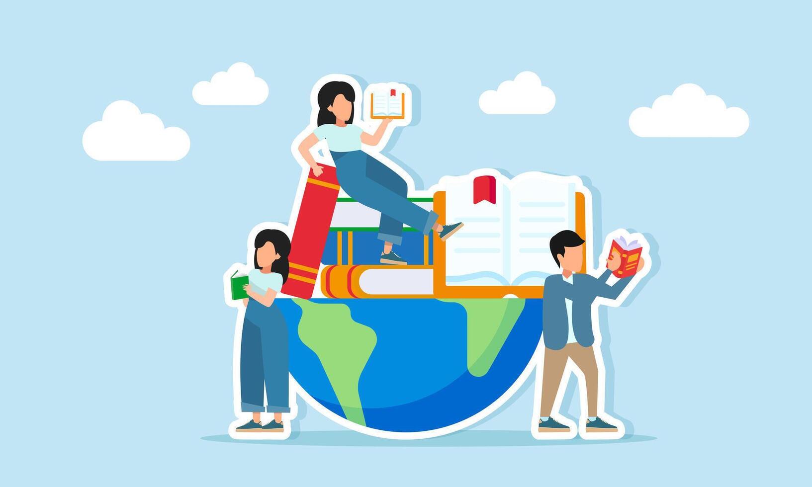 Young man and woman reading books together around a stack of books placed on half of a globe illustration of increasing literacy and knowledge related to global encyclopedia vector