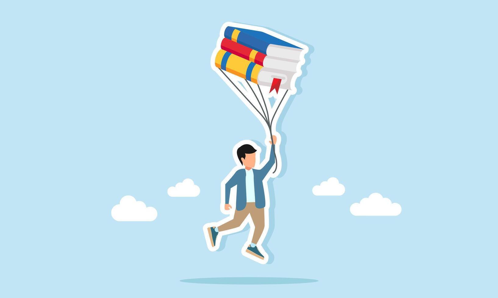 Young man floating in the sky holding a string connected to a book like a balloon illustration of the importance of insight and literacy vector