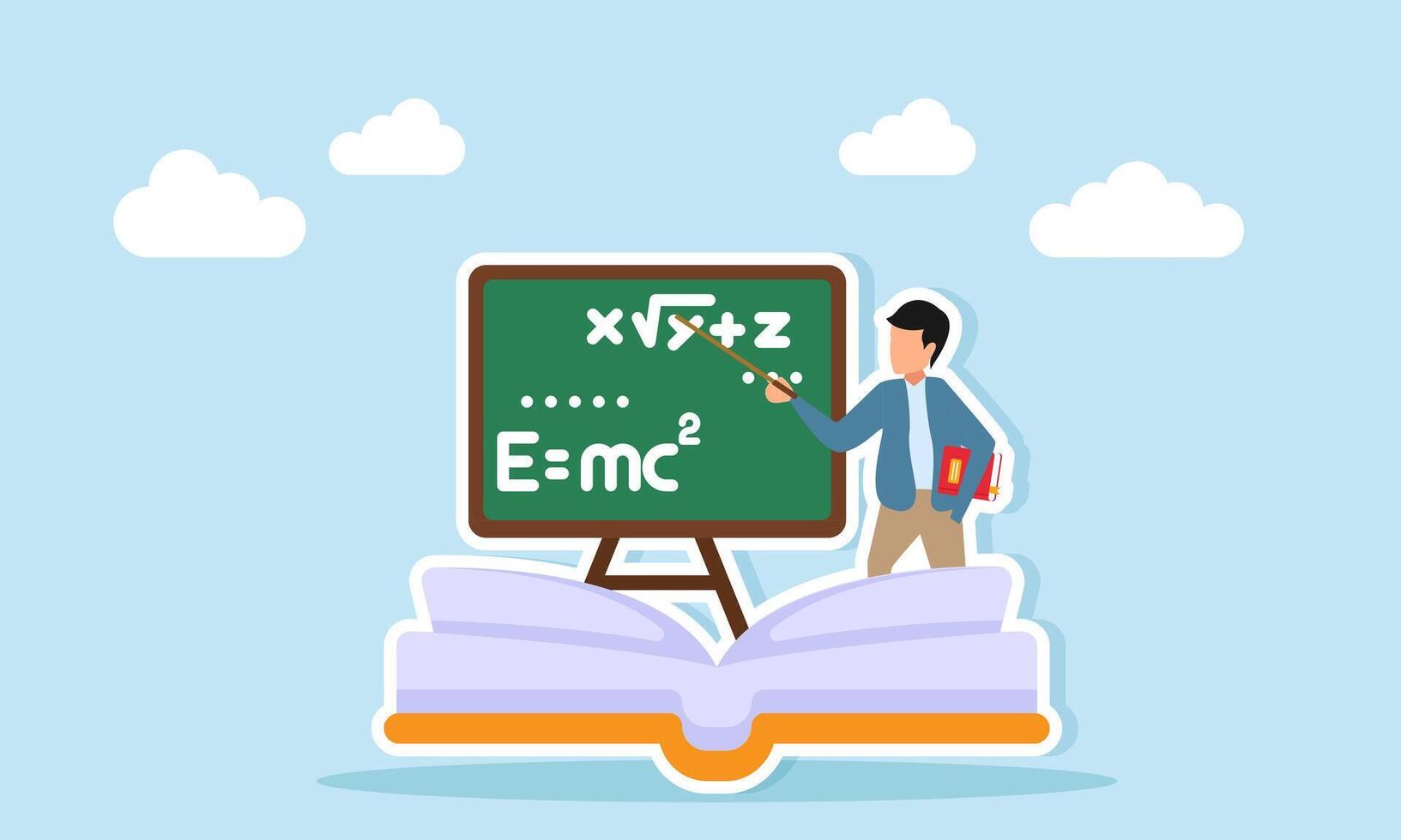 Professor teaching formula on blackboard near open book holding stick and book illustration of sharing knowledge gained through reading vector