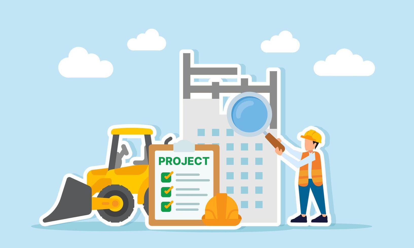 Engineer holding magnifier to observe building construction project with heavy equipment and safety checklist as an illustration of monitoring project safety progress vector