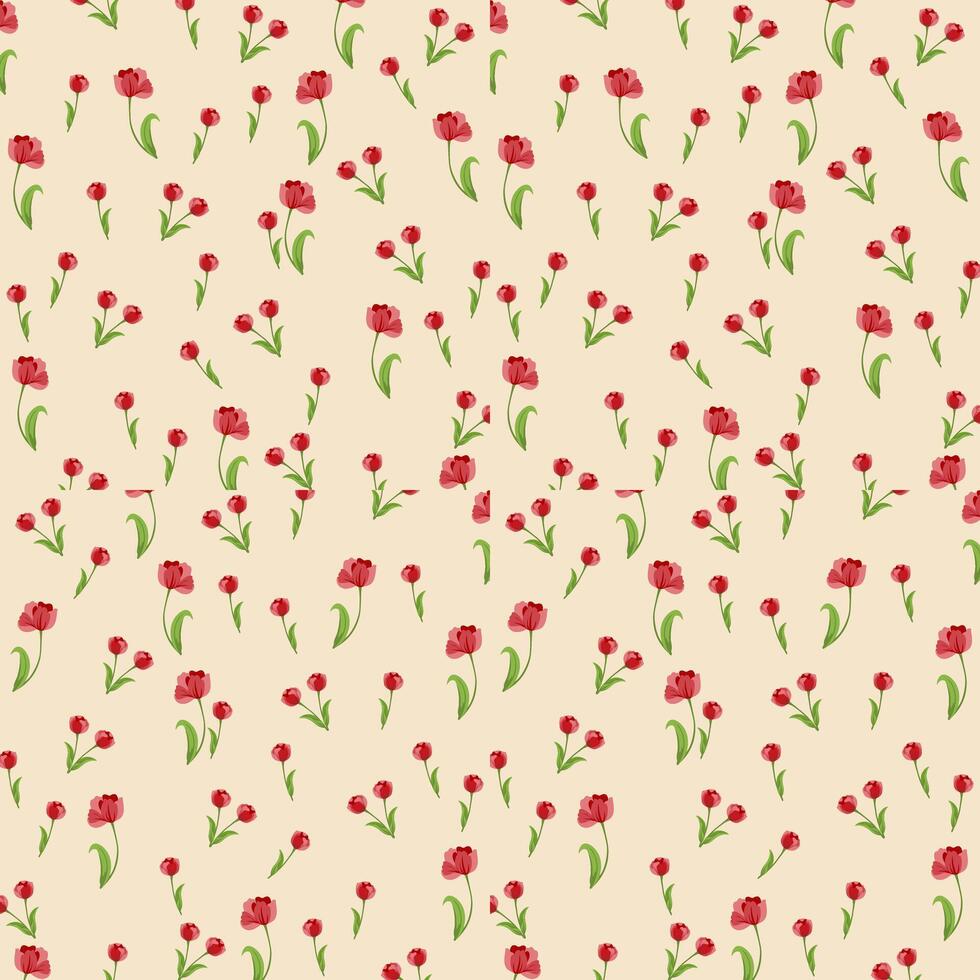 Red tulip floral pattern on beige vector