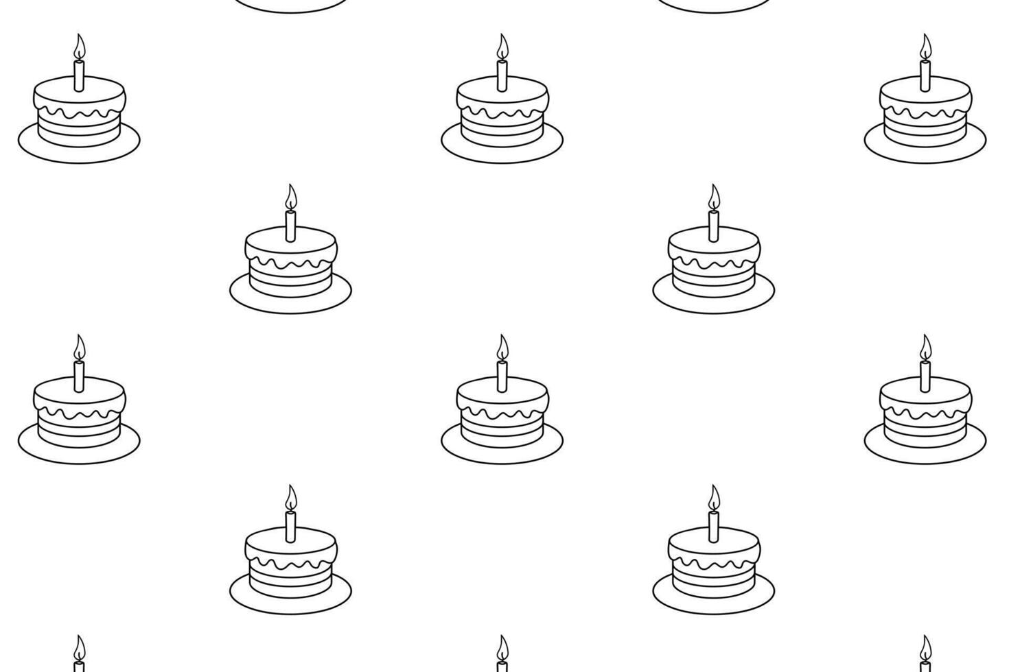 A repetitive pattern of simple line-drawn birthday cakes with candles on white background. The cakes are round with icing and sit on plates. vector