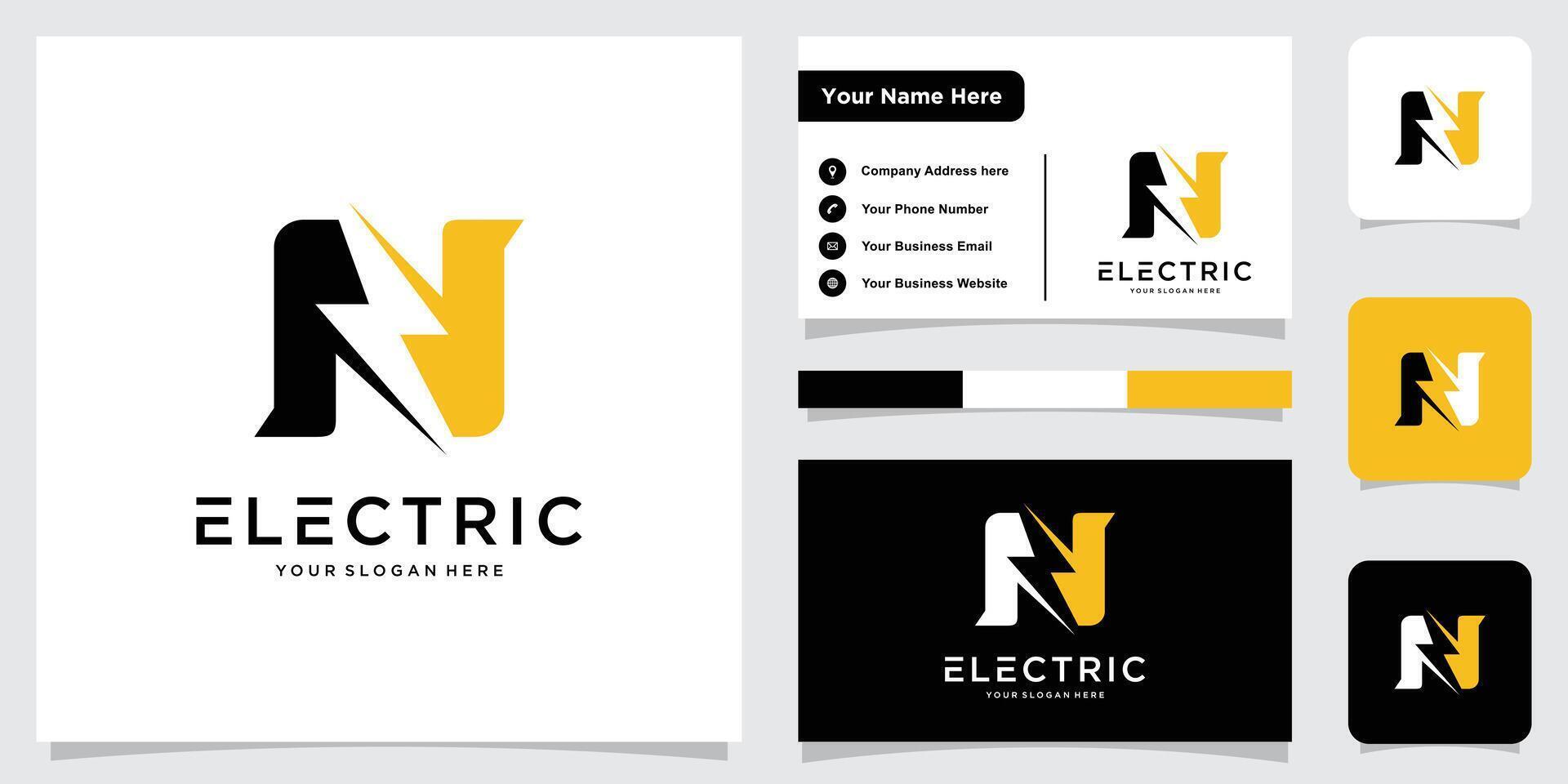 Initial N Letter with Lightning Bolt Logo Design with business card design . vector