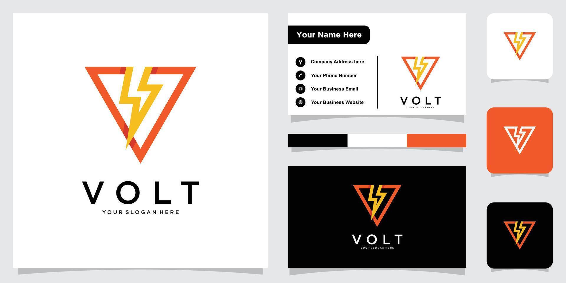 Letter V logo with thunderbolt in negative space with business card design. vector
