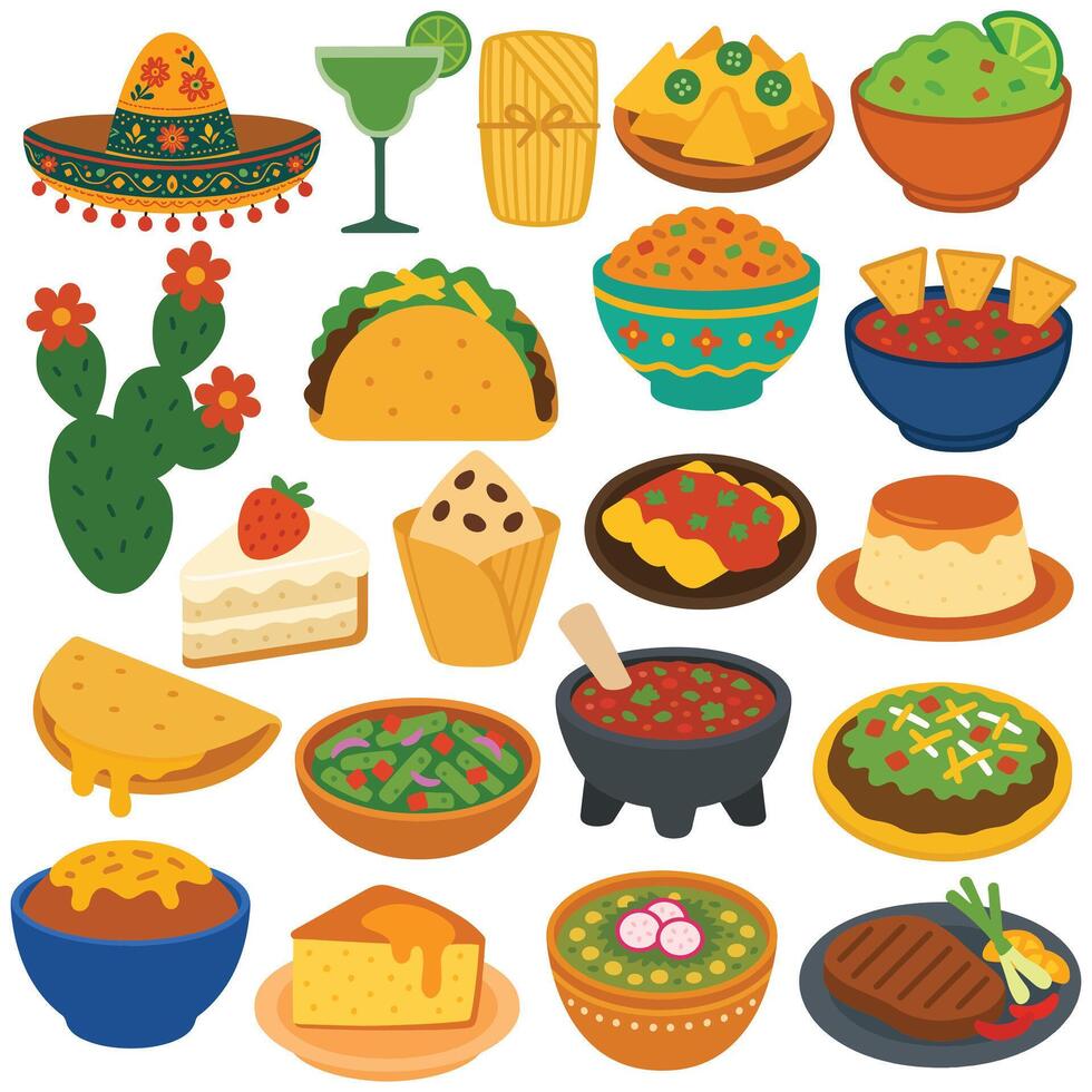 Colorful Mexican food and drink icons vector