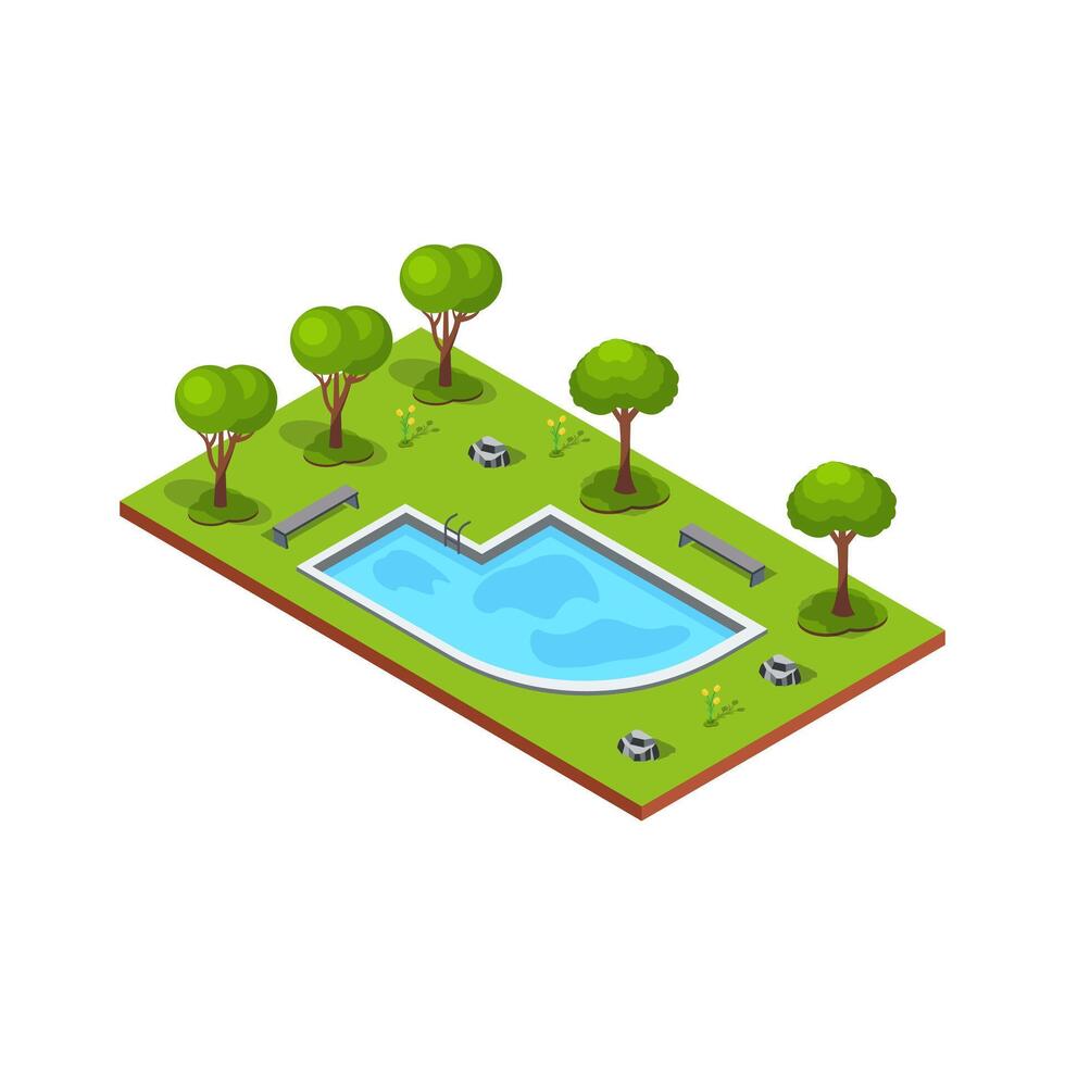 Pool surrounded by trees and benches vector