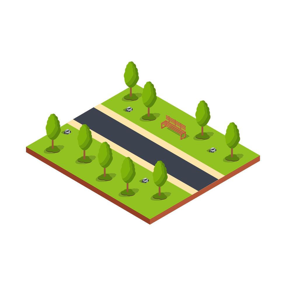 Isometric park design with pathway and trees vector