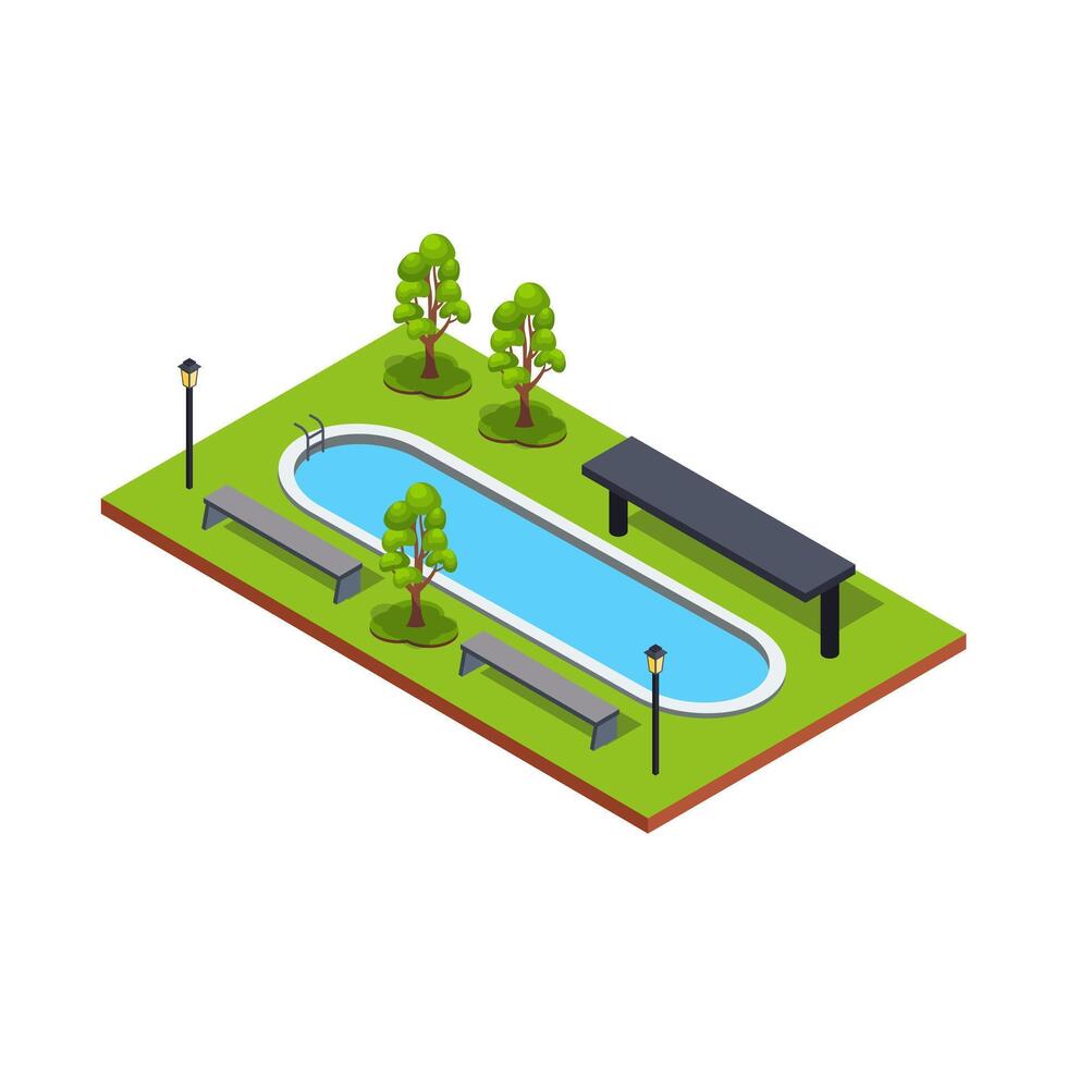 Poolside park with greenery and benches vector