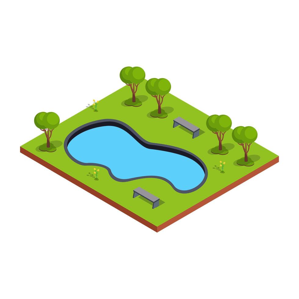 Isometric garden pool with trees vector