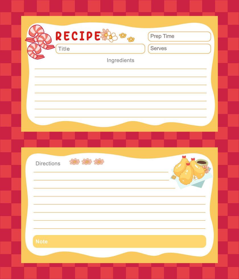 hand drawn red background recipe card with shrimp tempura template design vector