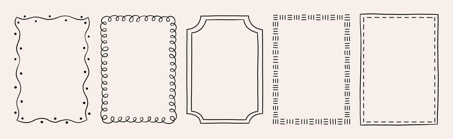 Set of five rectangular frames with decorative doodle borders. Hand drawn illustration vector