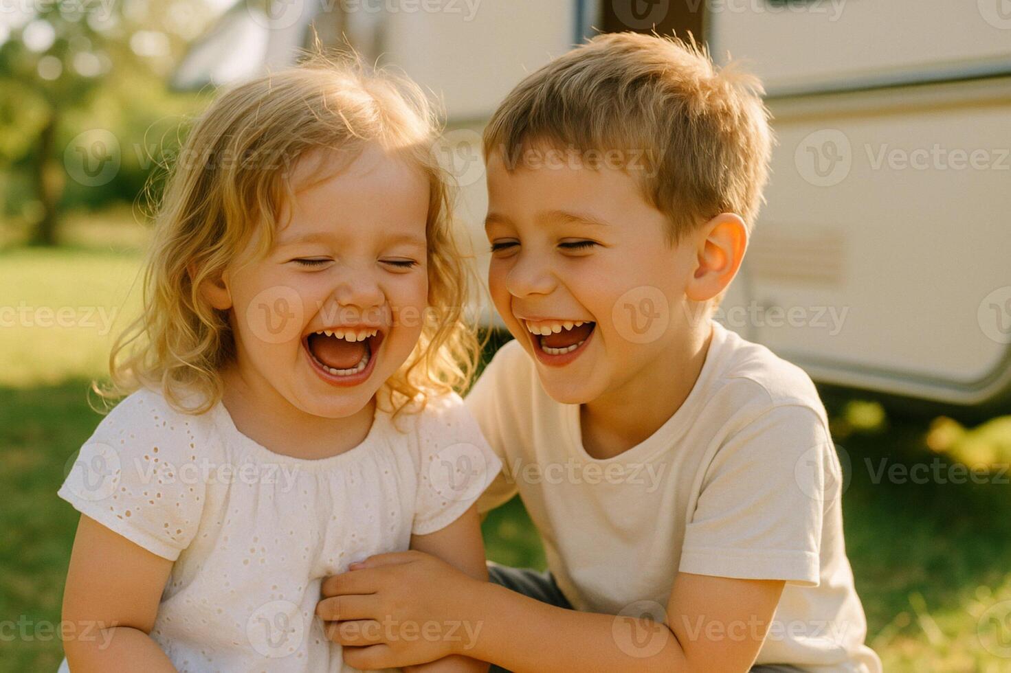 Joyful siblings laughing by camper on a sunny day photo