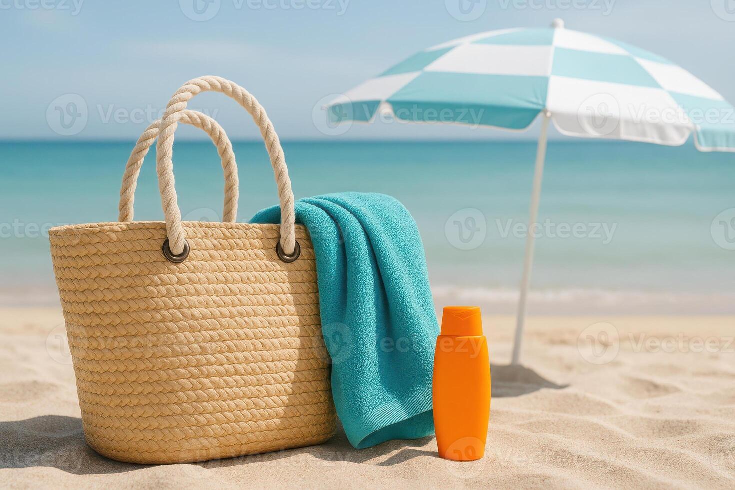Beach day essentials straw bag, towel, sunscreen, and umbrella set against a tranquil sea background photo