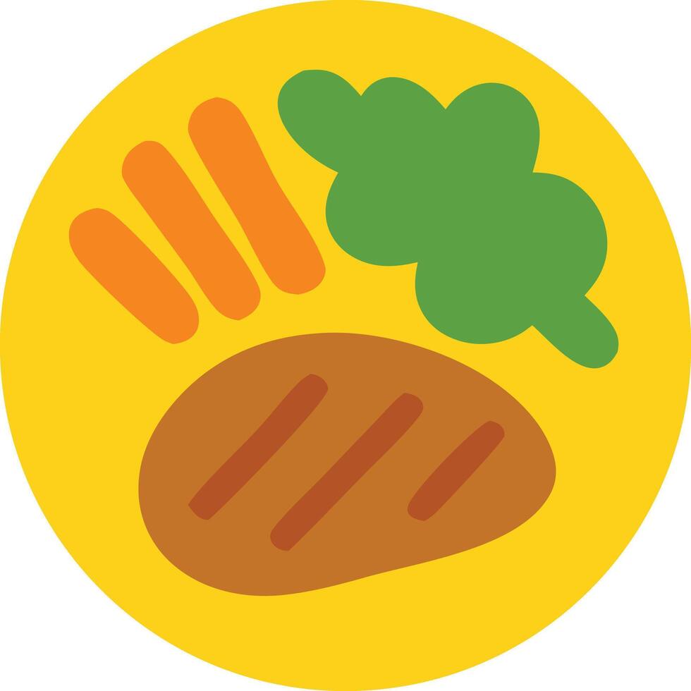 A stylized meal icon featuring a grilled steak with grill marks, orange carrots, and green broccoli, all arranged on a yellow circular plate. vector