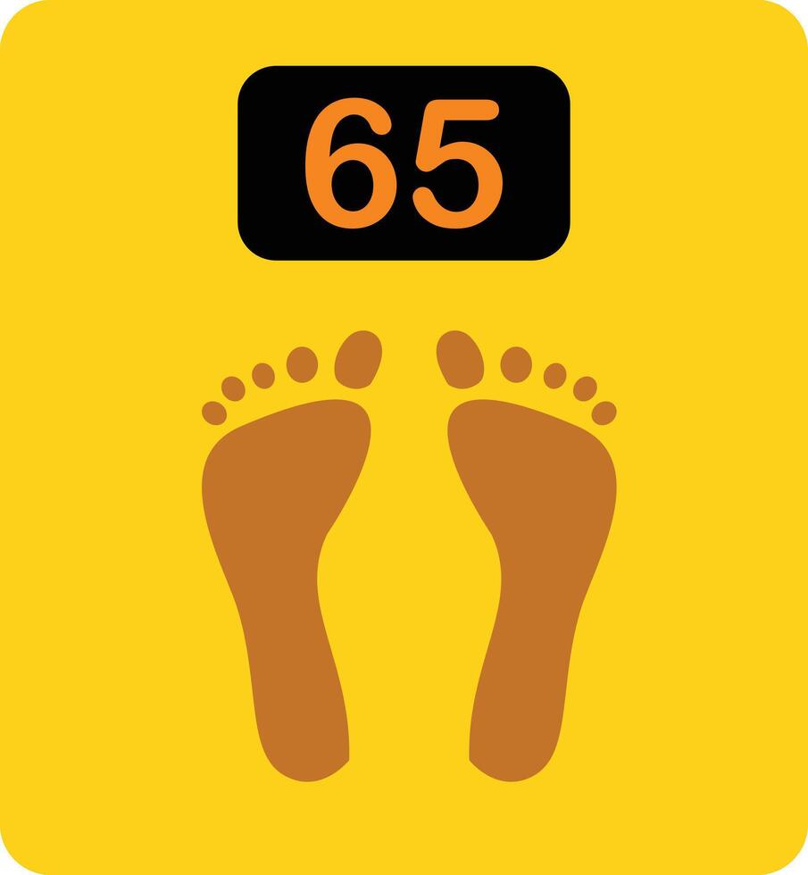 A stylized illustration of a weight scale with the number sixty-five displayed and footprints. vector