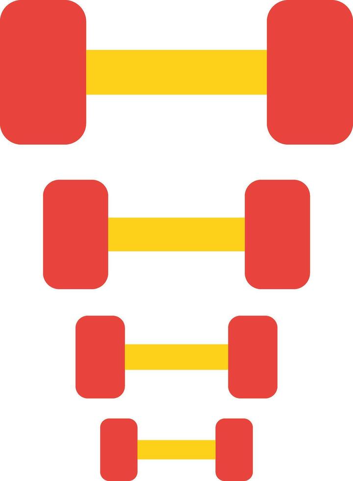 Four red and yellow dumbbells, progressively decreasing in size, arranged in a descending pattern. vector