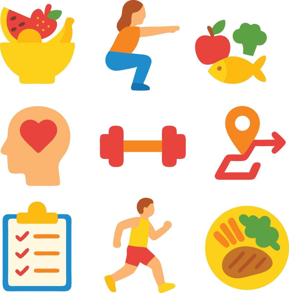 A collection of flat icons depicting various aspects of a healthy lifestyle, including fruit, exercise, and nutrition. vector