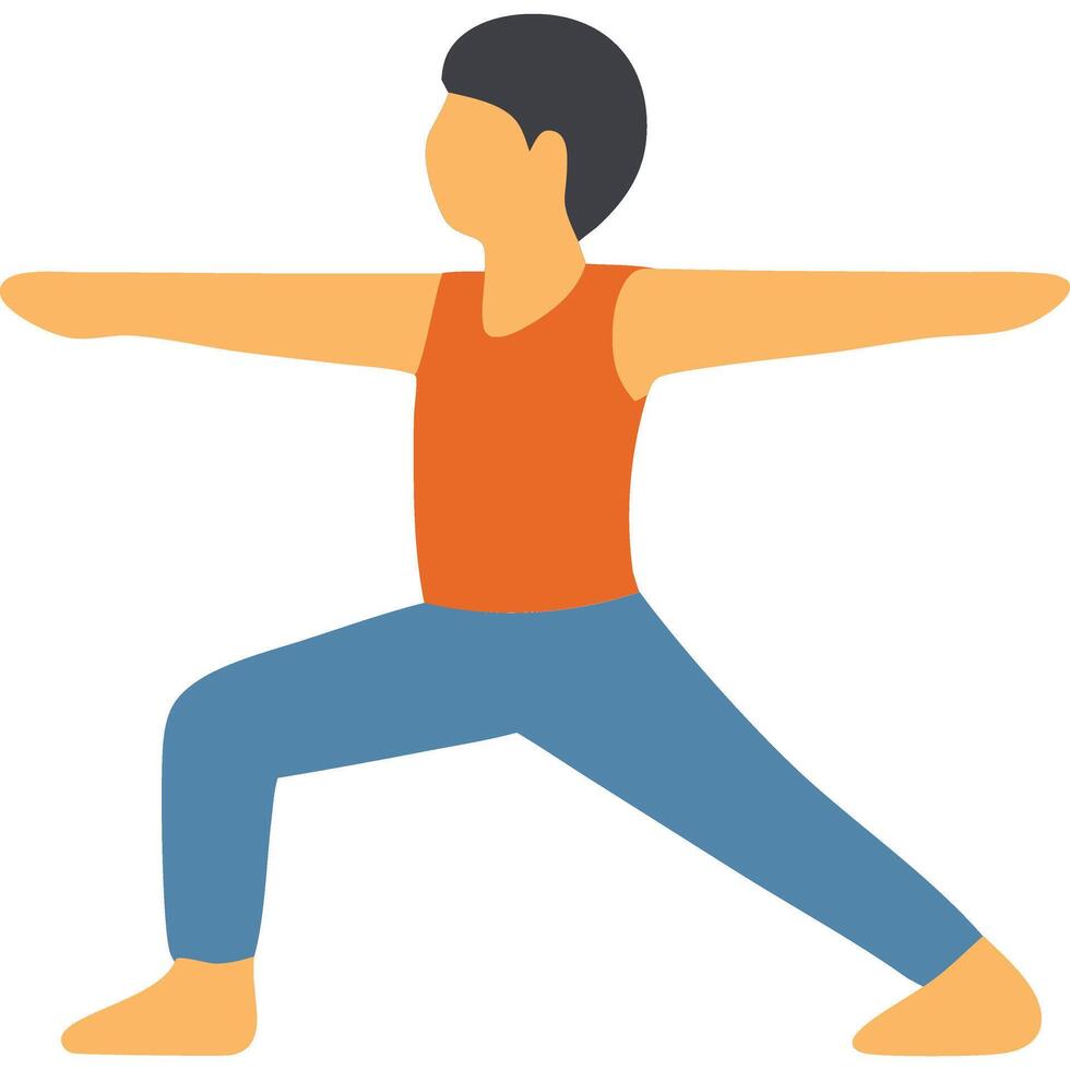 A flat illustration of a person in the warrior two yoga pose, wearing blue pants and an orange top, isolated on a white background. vector