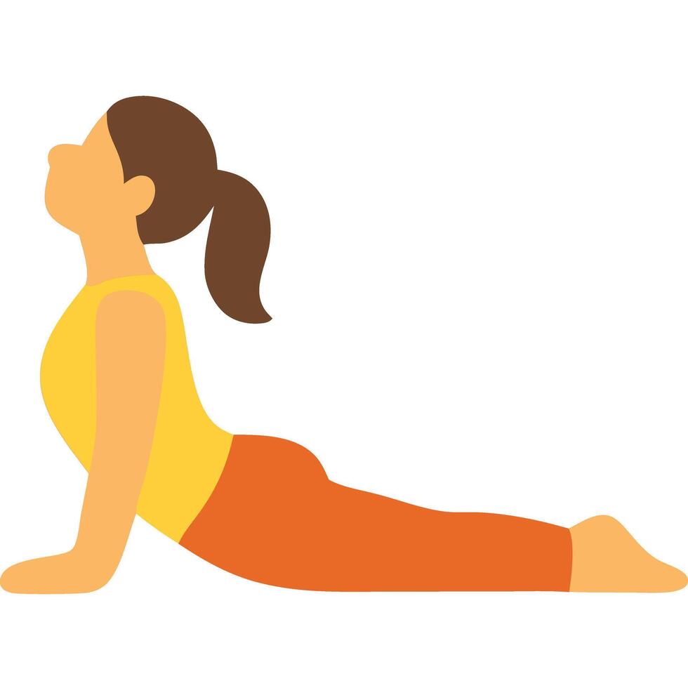 Stylized woman with brown ponytail performing the cobra yoga pose, wearing a yellow top and orange pants. Body arched, looking upwards. vector