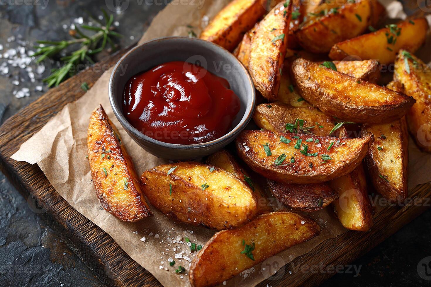 Tasty golden potato wedges with fiery spicy ketchup ready to eat on white background photo