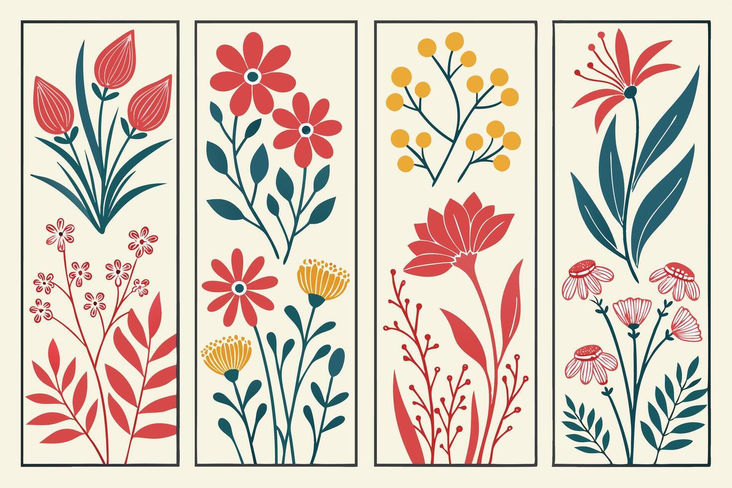 Serene Mid-Century Modern Floral Art Print Four Panels of Elegant Botanical Illustrations in Red, Yellow, and Teal vector