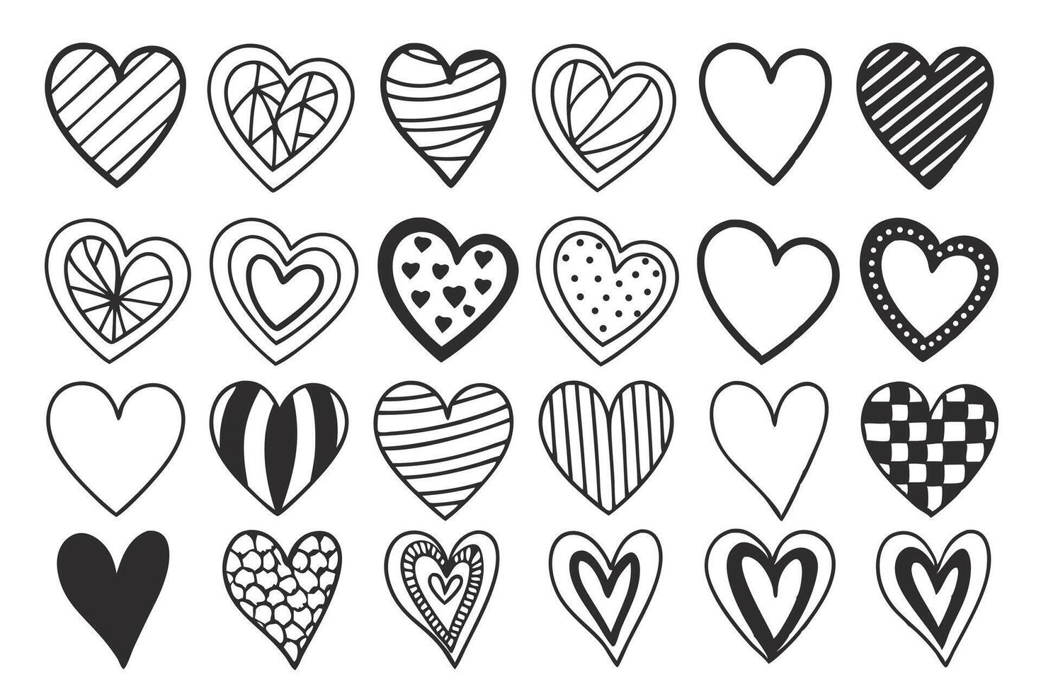 Collection of 24 Hand-Drawn Black and White Hearts for Romantic Designs, Perfect for Valentines Day, Wedding Invitations, and More vector