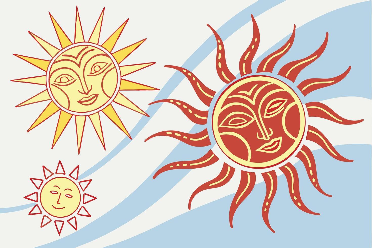 Three Serene Suns with Faces, Vibrant Celestial Artwork Against a Calm Blue Sky Background, Illustrative Style vector