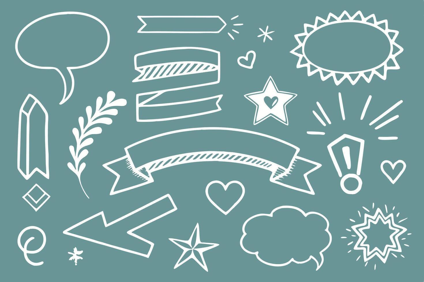 Charming Hand-Drawn Doodle Elements White Icons on Teal Background for Design Projects and Planners - Professional digital artwork with vibrant colors and detailed composition vector